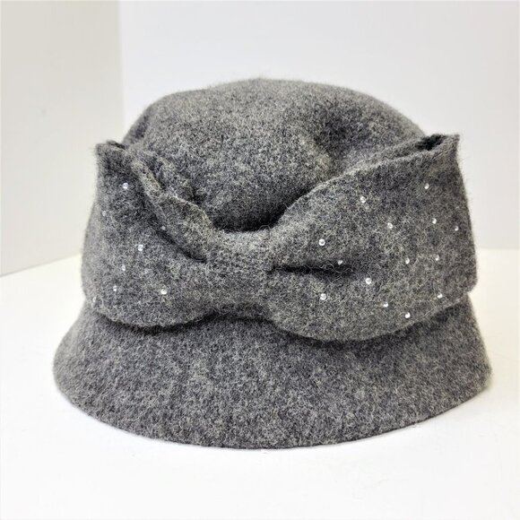 Grey Wool Hat Bow Sequin Accented Cloche Bucket Hat One Size - Picture 2 of 13